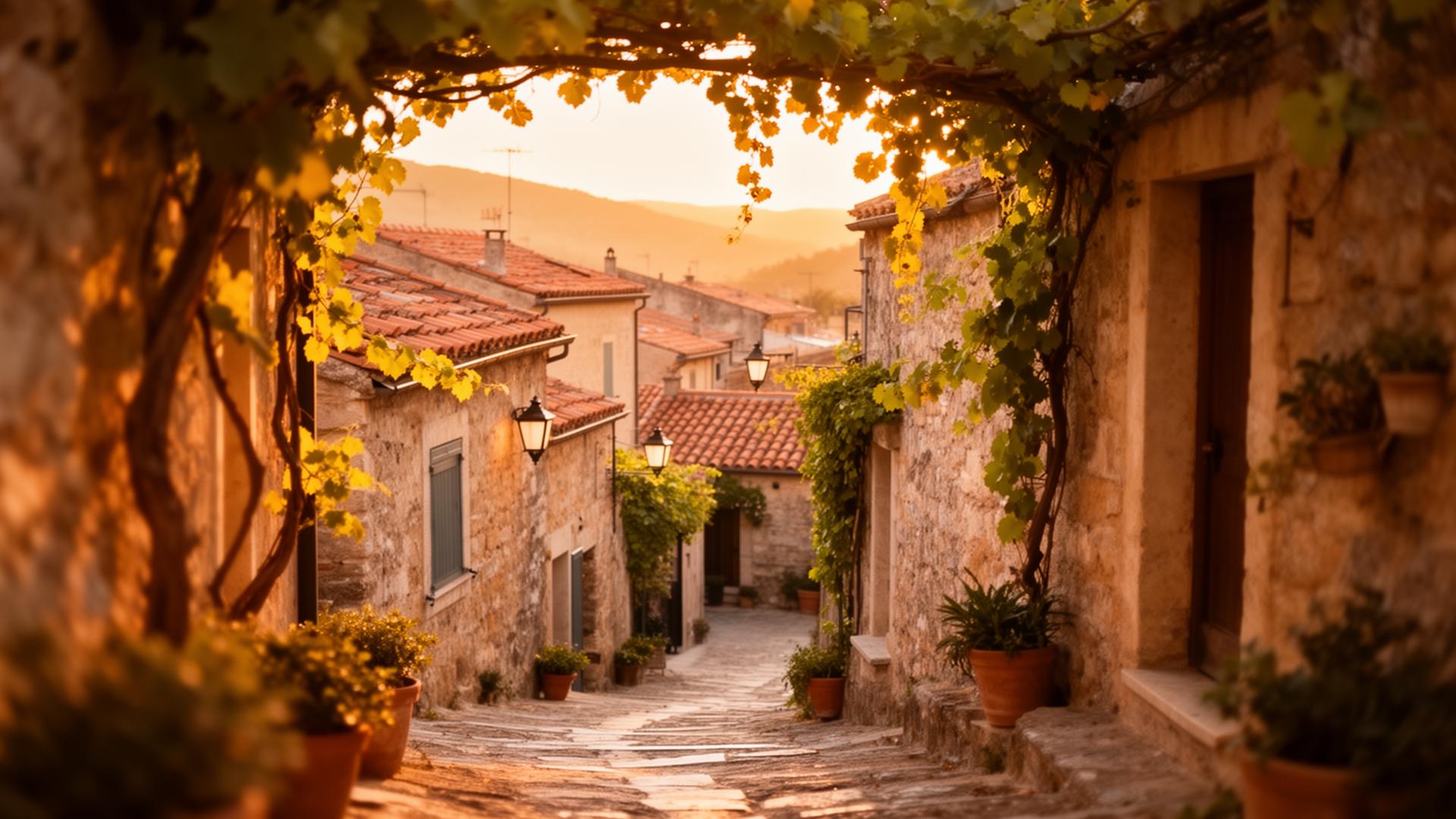 Sunlit Mediterranean village at golden hour
